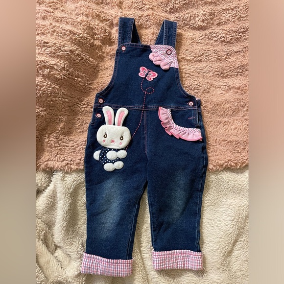 EUC Vintage Kids Denim Overalls with Bunny and Pink Accents - Picture 1 of 8